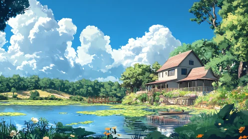 Lakeside country house under towering summer clouds