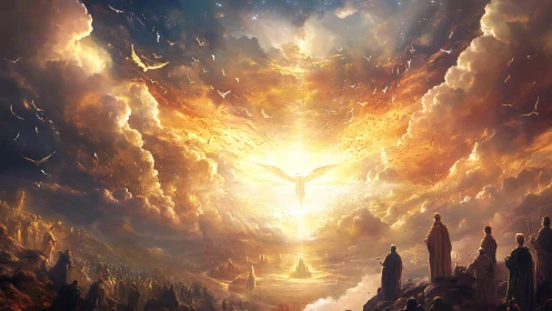 Radiant angelic ascension over a sunlit celestial citadel.