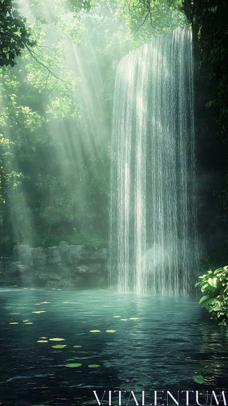 Sunlit rainforest waterfall pours into a tranquil emerald pool