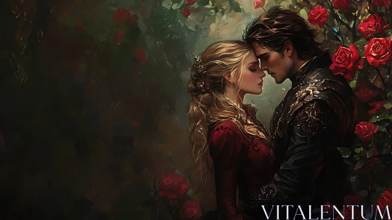 Two figures in period costume embrace near red roses