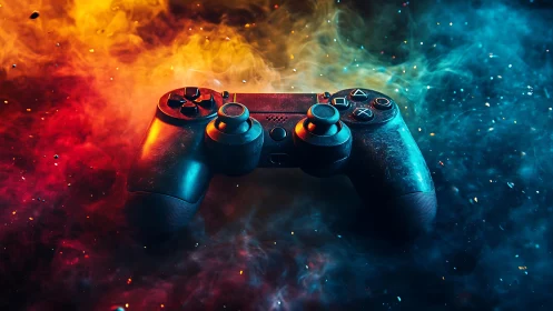 Game controller on vibrant smoke in red and blue light.