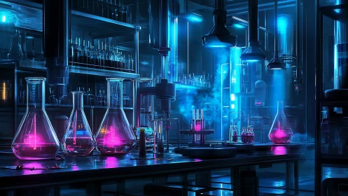Cyberpunk wet lab interior with neon volumetric chemistry setup.