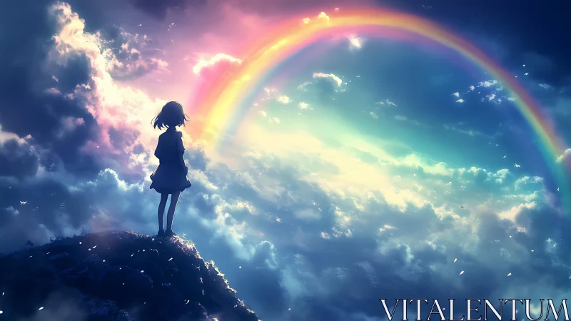 Backlit anime silhouette observing spectral sky arc phenomenon.