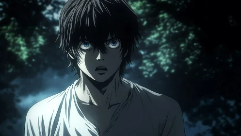 Night scene frames shocked anime youth under dappled backlight