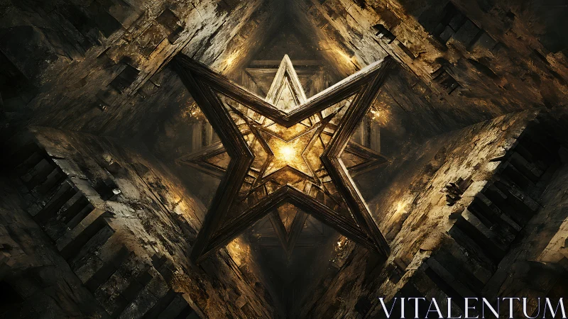 Ancient metallic star core glows inside a crumbling cavern