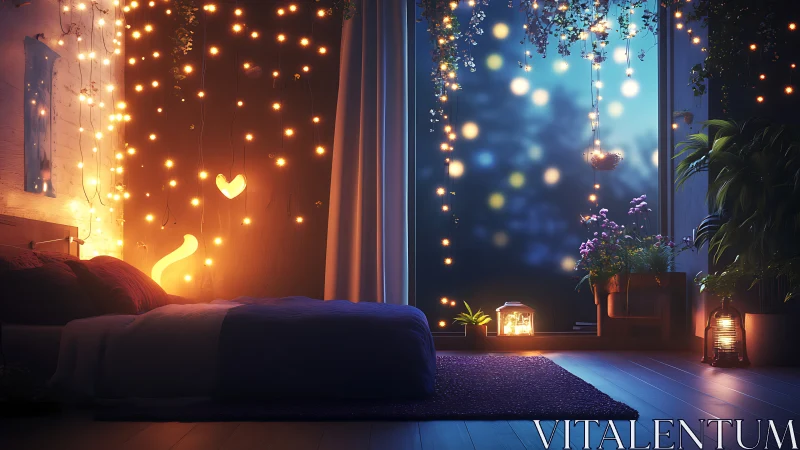 LED fairy-light bedroom with bokeh-window night garden ambiance.