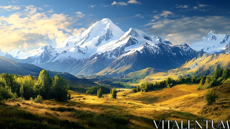 Snowcapped mountain range rises above sunlit valley plains