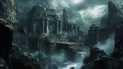 Ancient stone fortress in misty mountain ravine at dusk.