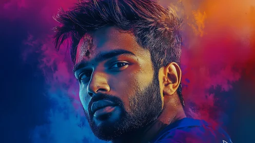 Neon-lit portrait burns through clouds of electric color.
