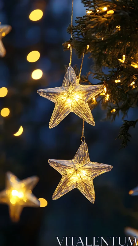 LED star string lights on evergreen tree at blue hour