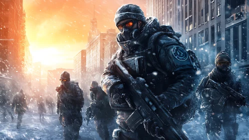 Paramilitary squad in snowy post-collapse city, backlit sunset