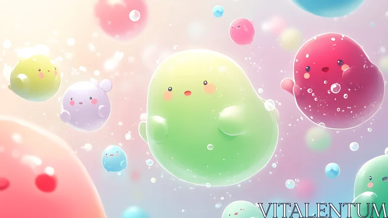 Bubbly pastel jelly creatures drift through a dreamy sunrise sky.