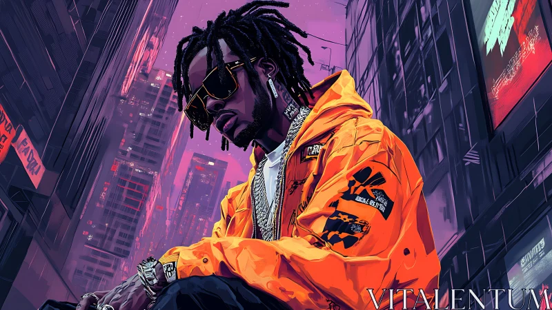 Neon city drapes a street king in electric orange swagger