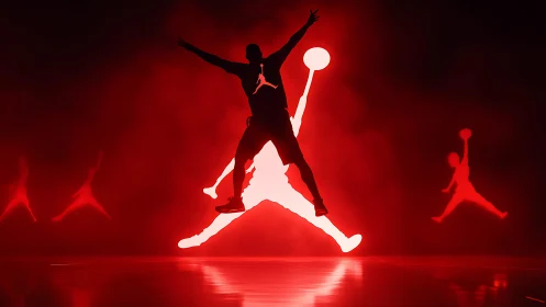 Silhouetted basketball figure over iconic jump logo projection.