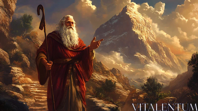 Elderly robed figure with staff before large mountain peak.