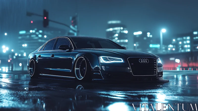 Cinematic low-light render of sleek sedan on wet city street.