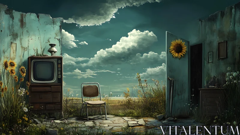 Surreal abandoned room opening onto sunflower meadowscape.