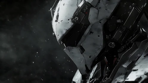 Detailed close-up of futuristic armored robot helmet.