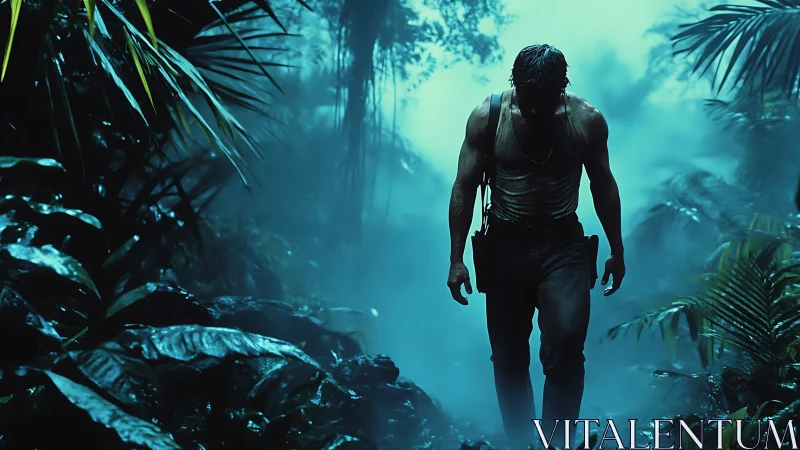 Lone survivor trudges through misty neon jungle nightscape.