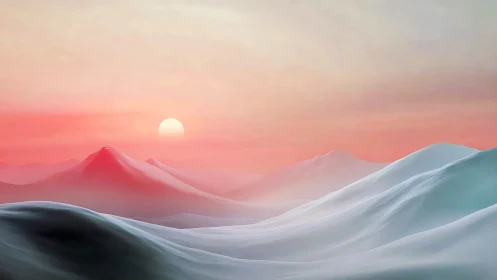 Sunlit pastel mountainscape with layered mist and dunes.