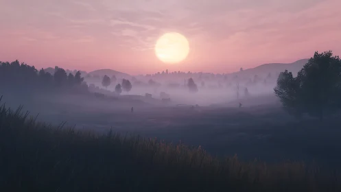 Volumetric dawn over mist-layered valley terrain gradient.