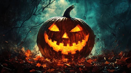 Cinematic digital painting of a glowing jack-o’-lantern centerpiece.