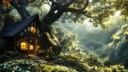 Sunlit fantasy forest cottage rendered as lush digital painting