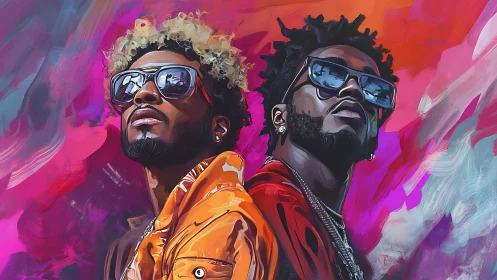 Bold duo stands confident against vibrant abstract colors