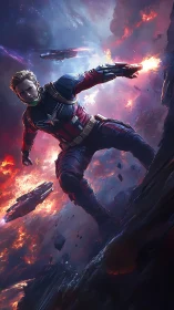 Star-suited space warrior diving through cosmic battlefields.