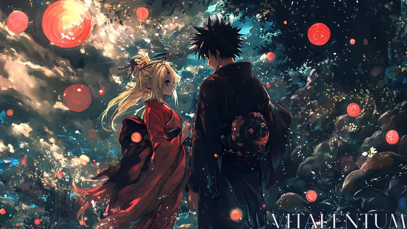 Lantern-lit lovers in enchanted forest under swirling orbs.