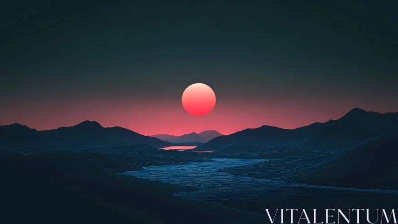 Neon sun sinks over stylized mountains and glowing river.
