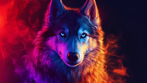 Bicolor neon-lit wolf portrait with contrasting smoke fields.
