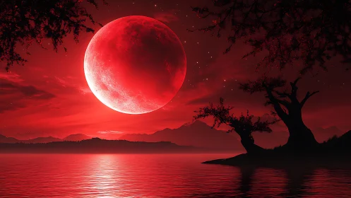 Crimson lunar eclipse dominates silhouetted lakeshore trees and peaks