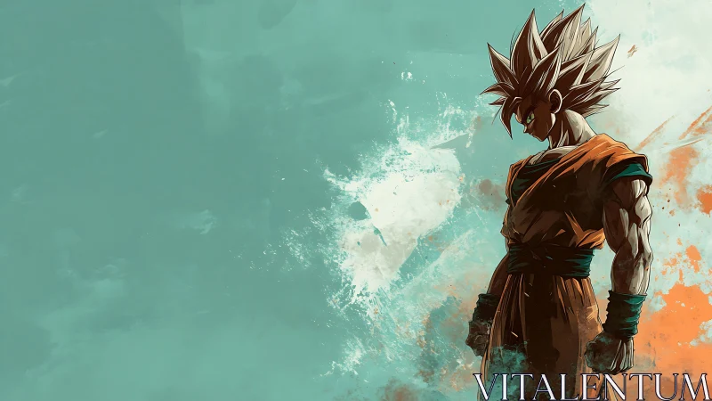 Saiyan warrior silhouette over teal splatter background.