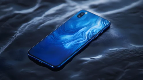 Sleek blue smartphone with abstract water-inspired design, modern style.