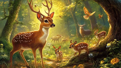 Sunlit fawn chorus in a storybook forest clearing.
