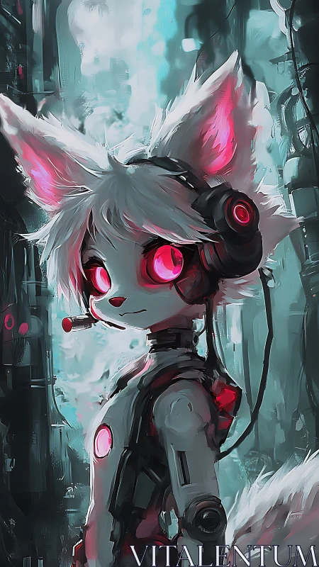 Cyber fox navigator with neon headset in soft teal glow.