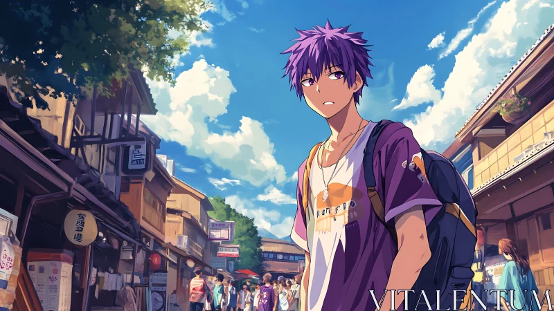 Sunlit side street wanderer in violet summer calm.