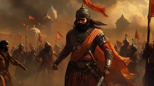 Proud warrior leads his steadfast army through golden smoke.