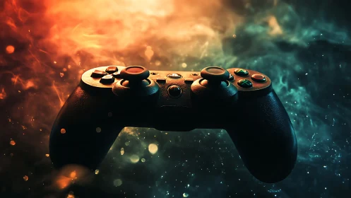 Black game controller displayed against contrasting warm and cool light effects.