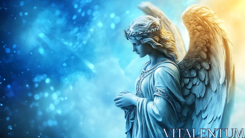 Celestial stone angel in bokeh blue and gold illumination.