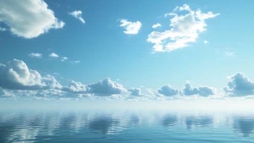 Cumulus cloudscape over calm reflective ocean horizon line