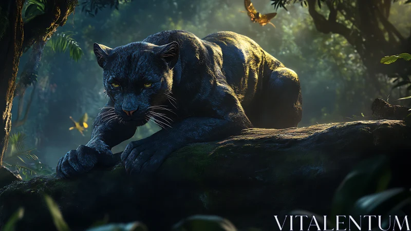 Black Panther on Log in Jungle Environment