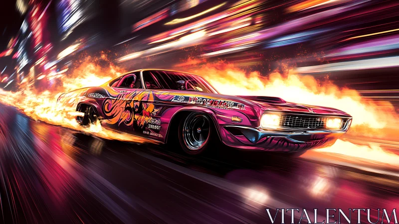 Flaming muscle car racing through neon city street at speed.