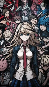 Anime heroine leads chaotic ensemble in crimson storm.