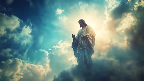 Radiant robed figure emerges from luminous celestial clouds