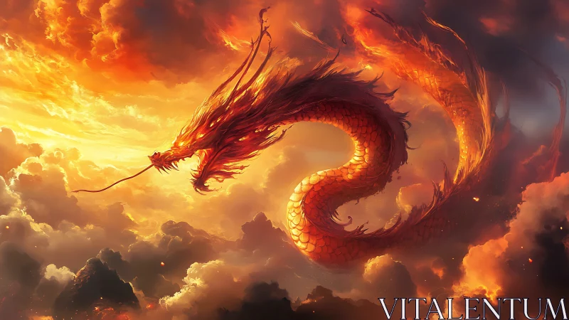 Fiery celestial dragon coils through blazing storm clouds