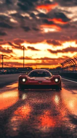 Low-angle hypercar portrait dramatizes wet-track sunset glow