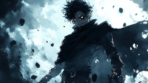 Storm-eyed antihero rises amid swirling ink-dark skies.