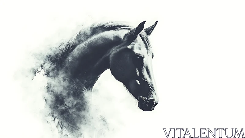 Monochrome horse portrait dissolving into atmospheric smoke.